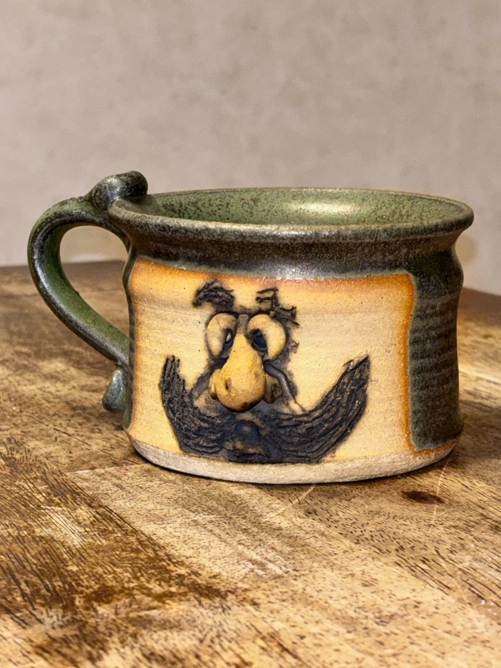 Peter Petrie Face Mug Green Glaze Mustache Man Signed Studio Art Pottery Vintage